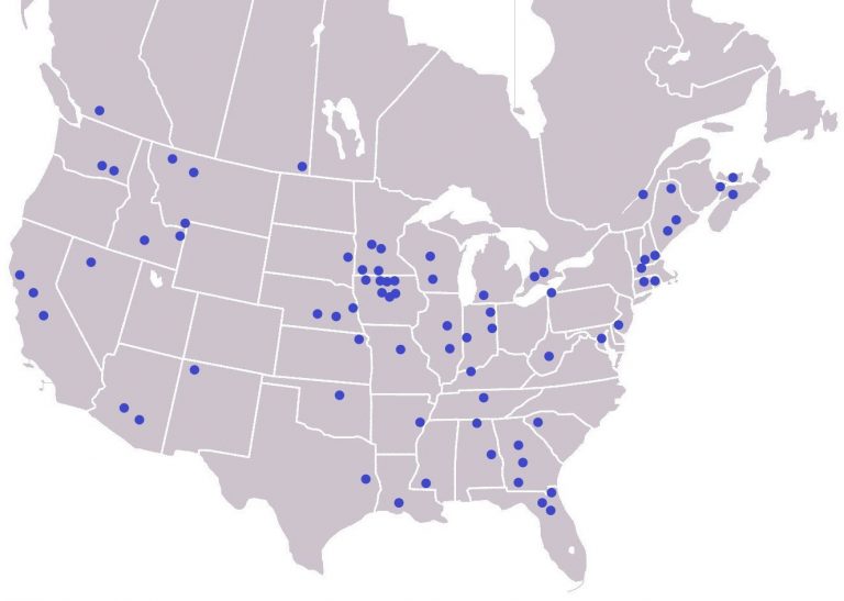 Приблизительные местоположения источников проб почвы в США и Канаде